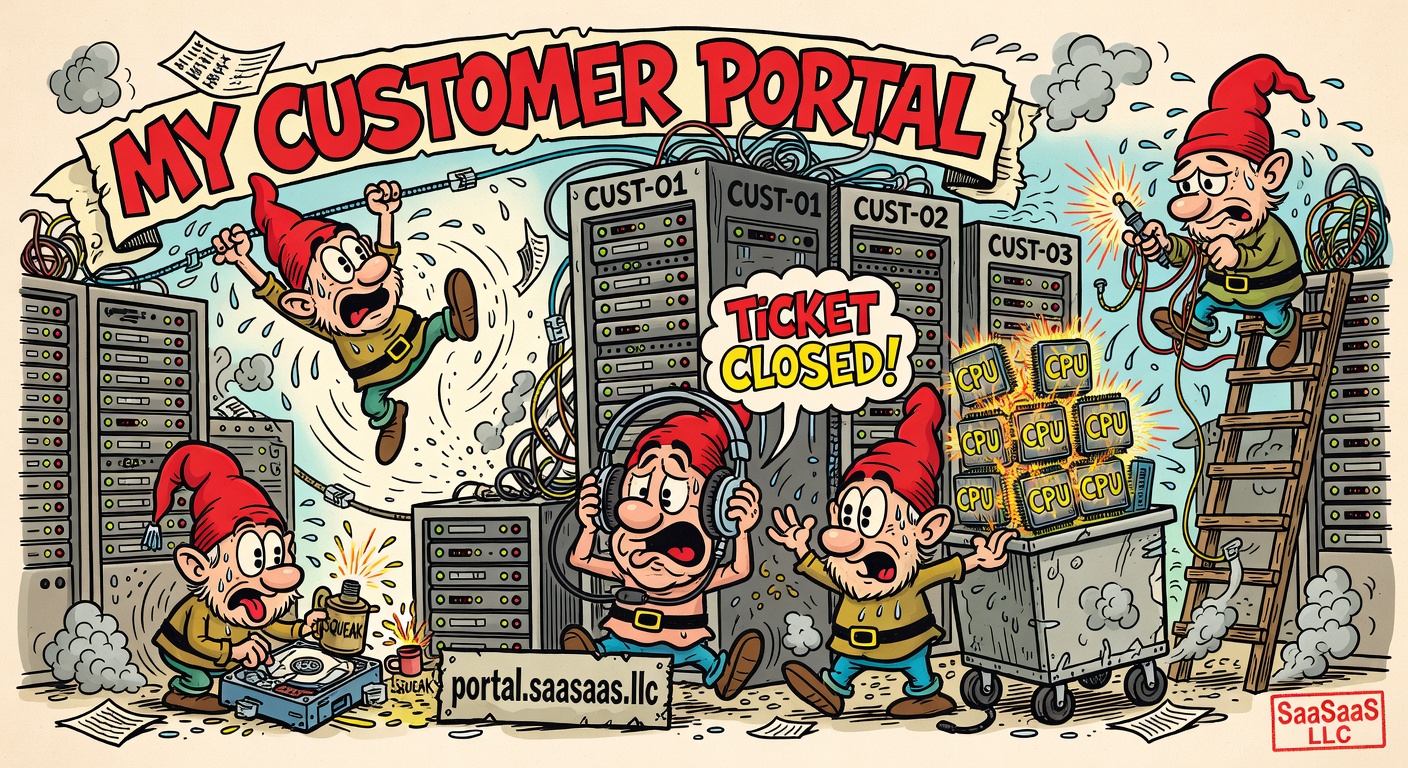 Sergio-Aragonés-style cartoon: a basement data center with five busy bearded gnomes in pointy red caps managing server racks labeled CUST-01, CUST-02, CUST-03 — one swinging on an ethernet cable, one oiling a hard drive, one shouting 'TICKET CLOSED!' into a headset, one pushing a cart of glowing CPUs, one soldering on a stepladder. A banner across the top reads 'MY CUSTOMER PORTAL' and a sign reads 'portal.saasaas.llc'.